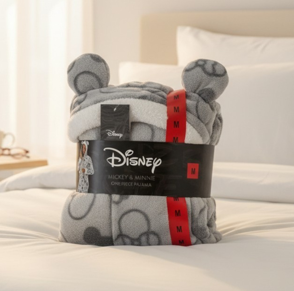 Disney Mickey and Minnie One Piece Pajama Hooded Gray Size Medium NEW - Picture 1 of 9